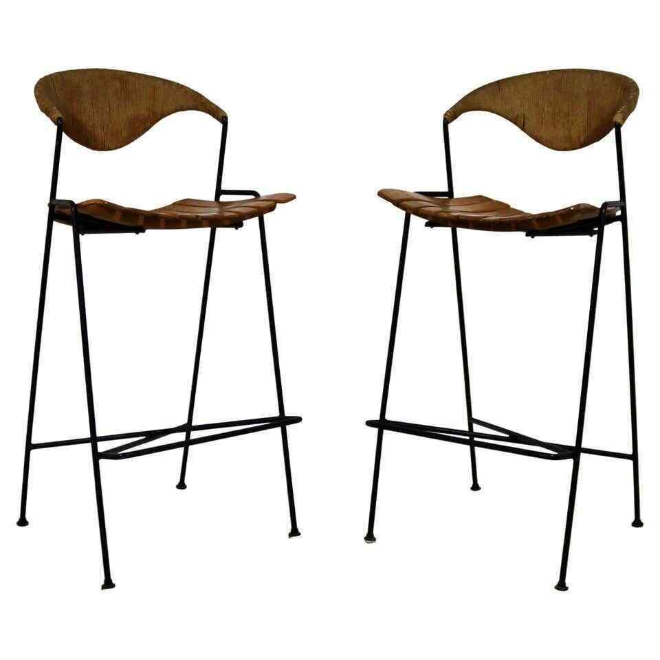 Mid Century Modern Arthur Umanoff Pair of Iron Counter Bar Stools 1960s (1 of 7)