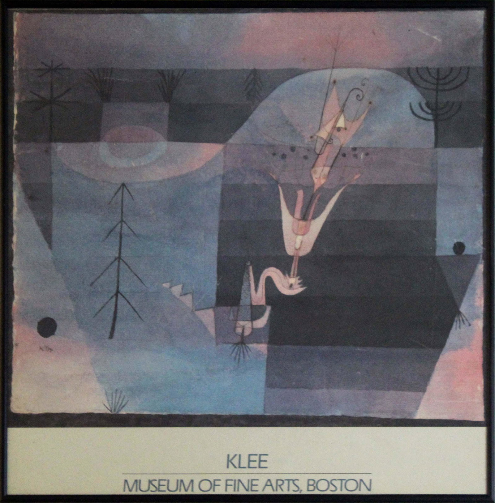 Paul Klee Wallflower Museum of Fine Art Boston Vintage Exhibition Poster 1980s: A captivating vintage exhibition poster for the Museum of Fine Art Boston from the 1980s featuring Paul Klee's artwork titled Wallflower. A calming abstract surreal depiction of floating organic shape