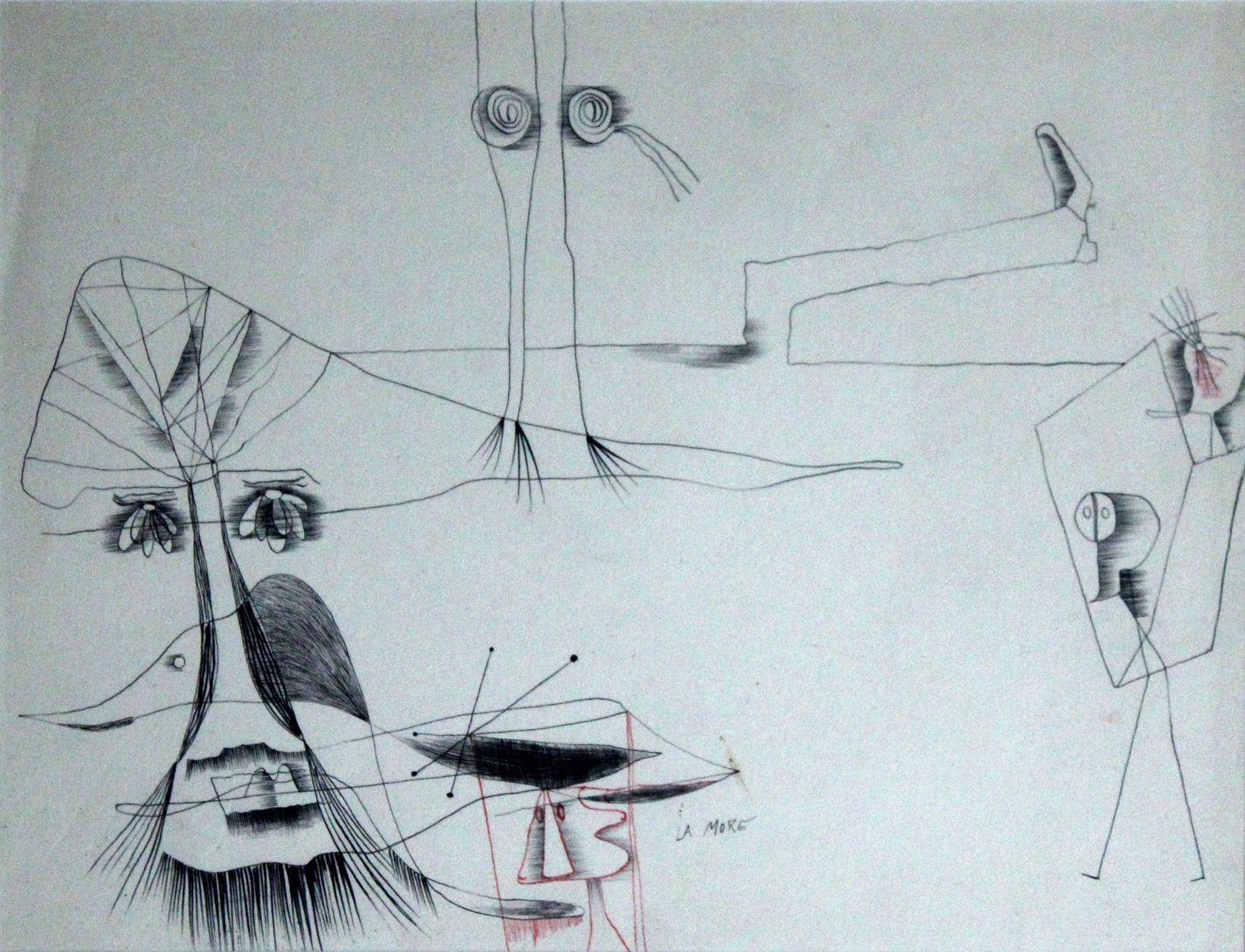 Chet La More Abstract Surrealism Ink Drawing on Paper Signed Matted Unframed: A whimsical and surreal drawing of abstracted figures by Chet La More. Signed in pencil mid bottom. The simple lines create a series of characters that take influence from modern masters such as Paul 