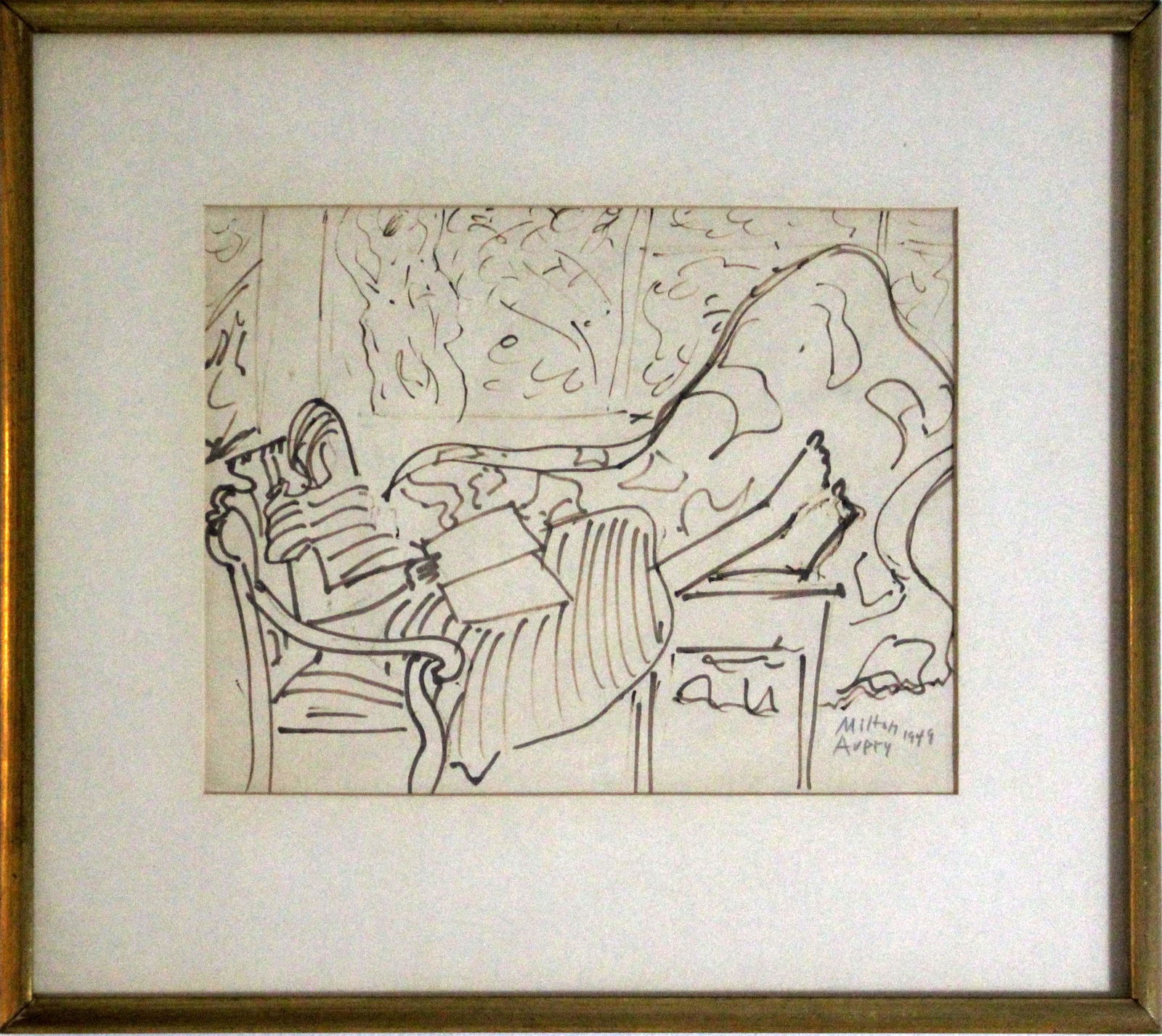 Milton Avery March Reading Signed Flo-Brush Drawing 1949 Framed: A spectacular modern flo-brush drawing titled March Reading by Milton Avery. Signed on the bottom right with a 1949 date. On the verso is the original gallery tag from Donald Morris Gallery Inc. Detro