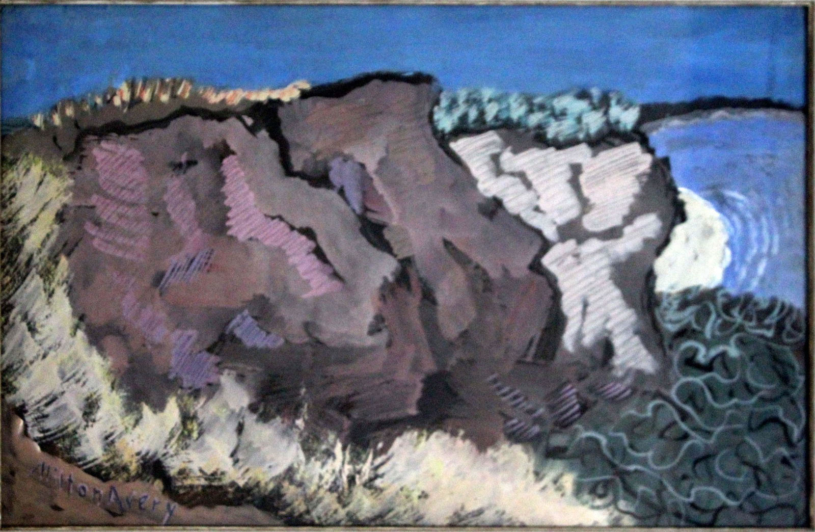 Milton Avery Rocky Coast Signed Modern Gouache Painting 1939 Framed: A stunning one-of-a-kind modern gouache painting titled Rocky Coast by Milton Avery. Signed on the bottom left. On the verso is the original gallery tag from Donald Morris Gallery Inc. Detroit, Michig