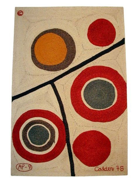 Alexander Calder After Floating Circles Tapestry 1975 Hand-Woven Maguey Fiber AP-9: An iconic Alexander Calder designed tapestry depicting floating circles. Woven signature and 1975 date on the bottom right and an AP-9 annotation on the bottom left. Hand made 100% Maguey Fiber. Publi