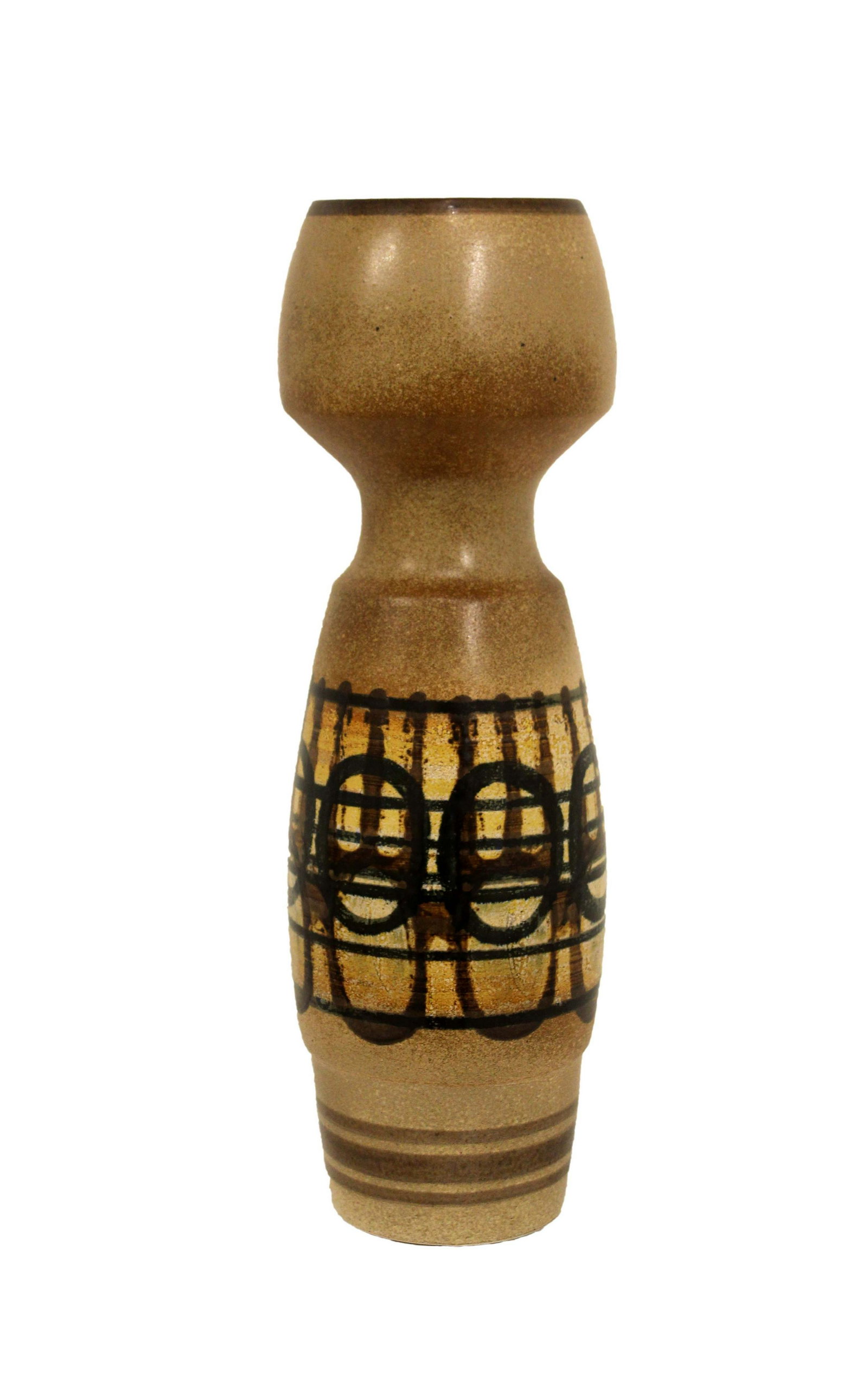 Vintage Mid Century Modern Lapid Stoneware Israel Black Circle Vessel Vase: For your consideration is a beautiful Israeli stoneware Lapid vase. This vessel has a wonderful mid century vibe to compliment any pottery collection. Dimensions: 5.5" diam x 16.75" h Provenance: This