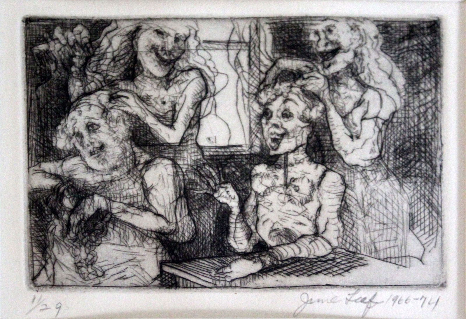 June Leaf Modern Etching 1966-74 Signed 11/29 Framed: A satirical modern etching on paper depicting a group of four female figures that appears could be in a beauty parlor. They are shown in an expressive and somewhat grotesque stylization. Hand signed i