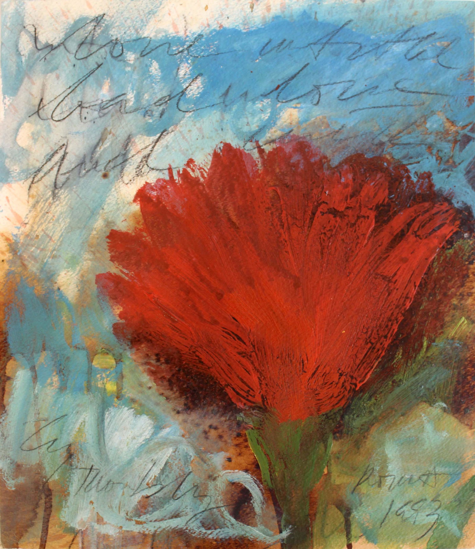 Cy Twombly Untitled Large Red Flower Abstract Expressionist Mixed Media on Paper Unframed: An energetic abstract expressionist mixed media on paper by American painter Cy Twombly. Signed on the bottom left as well as verso. This painting showcases his iconic freely, scribbled, calligraphic