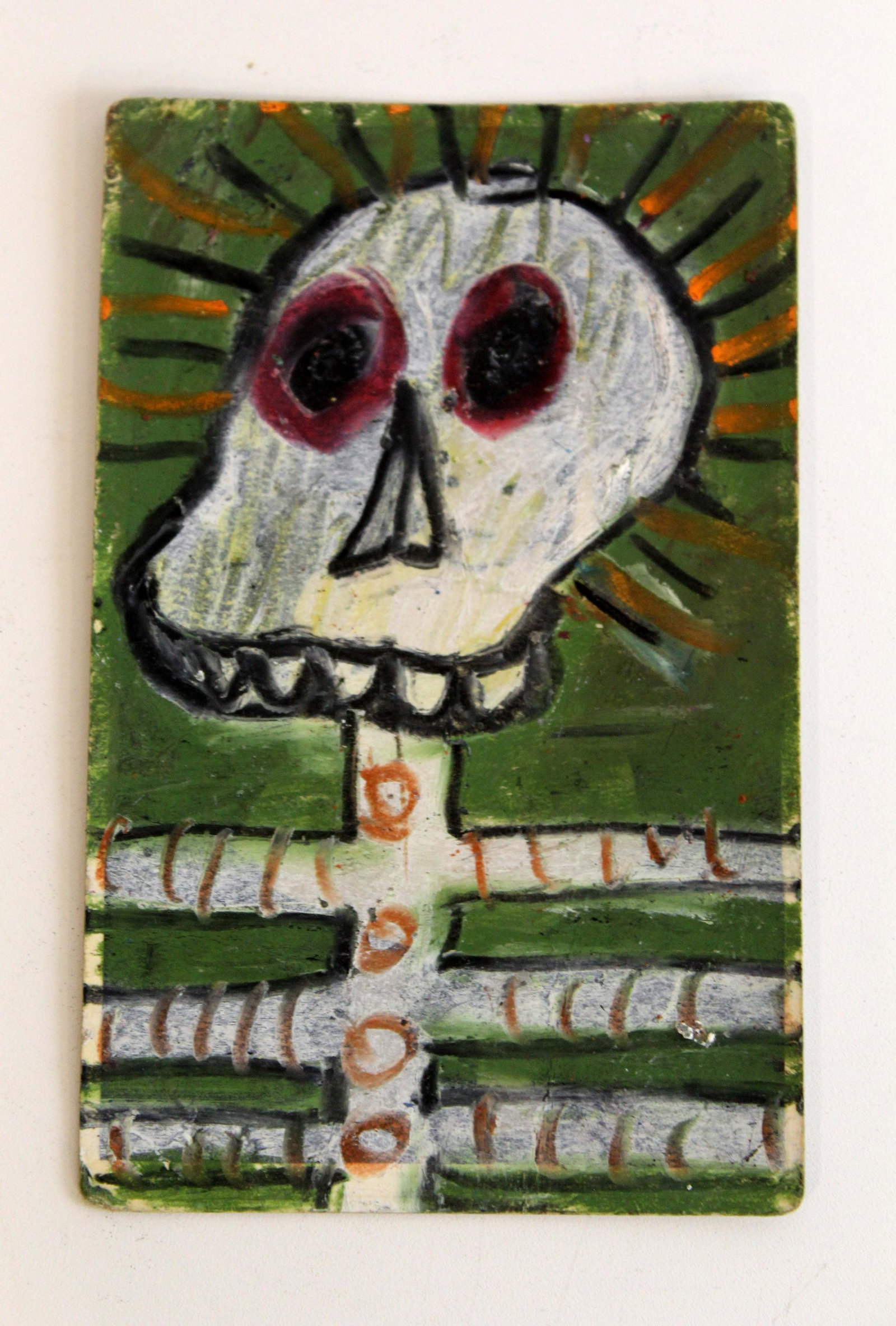 Jean-Michel Basquiat Untitled (Skeleton) 1987 Mixed Media on Postcard with COA Paperwork: An original acrylic/oil and organic pigments on postcard by beloved Neo-expressionist artist, Basquiat. Dated 87 on verso with his trademark crown. The imagery showcases a skeleton-like figure. Basqui