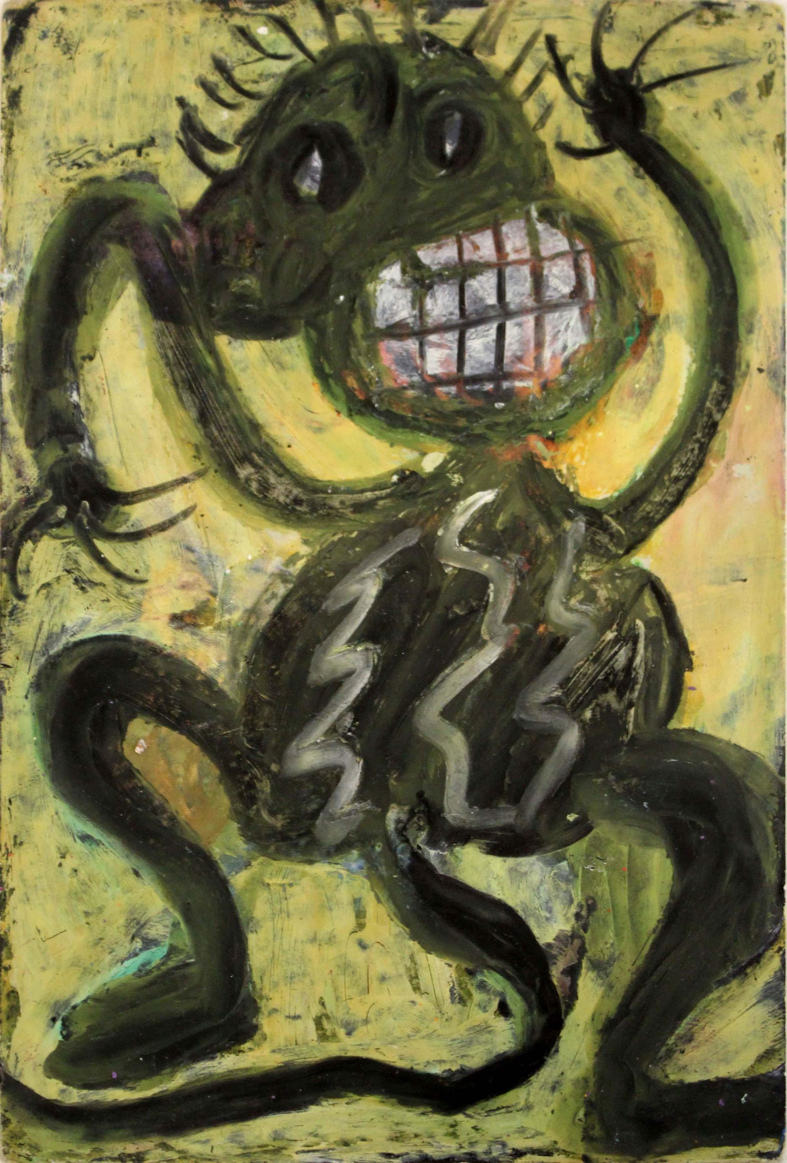 Jean-Michel Basquiat Untitled (Monkey) 1985 Mixed Media on Postcard with COA Paperwork: An original acrylic/oil and organic pigments on postcard depicting a graphic monkey by beloved Neo-expressionist artist, Basquiat. Dated 85 on verso. Basquiat often sold his postcards in SoHo. During