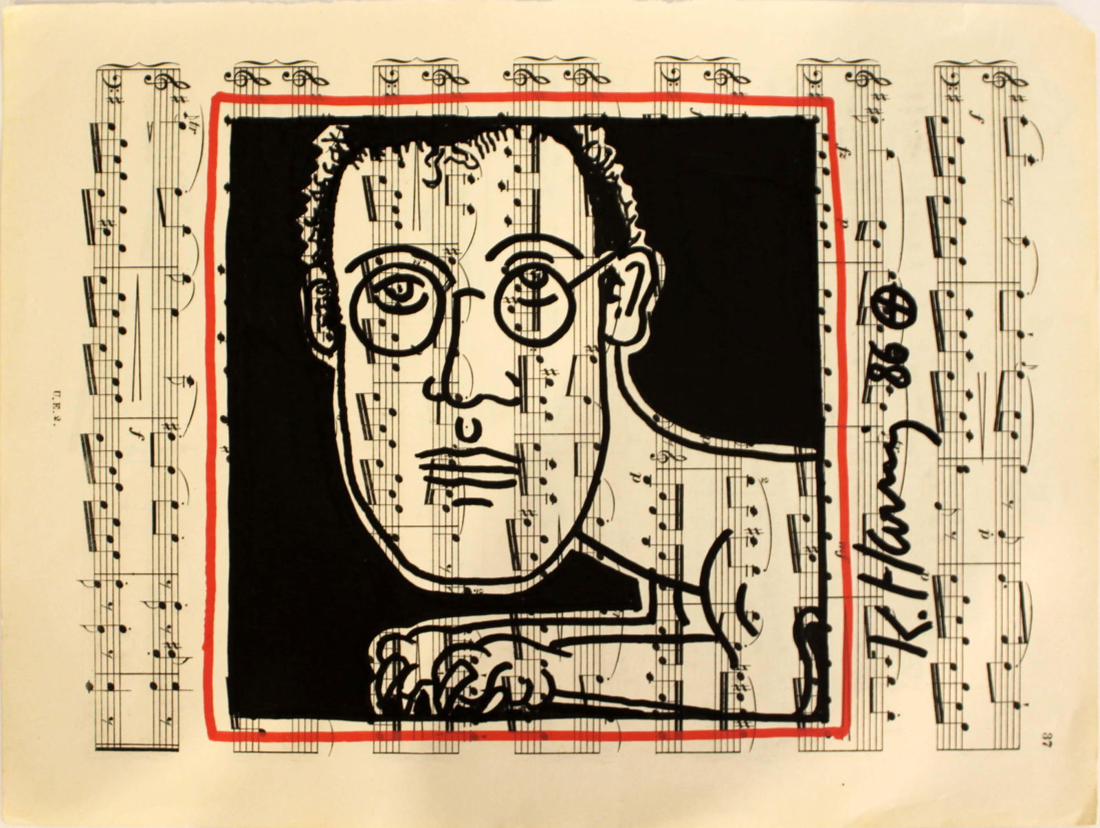 Keith Haring Self Portrait 1986 Drawing on Music Sheet Paper Unframed: A pop-street art inspired self-portrait drawing on music sheet paper signed by Keith Haring 1986. The drawing depicts a portrait of himself as a sphinxlike character. A similar design was made into a