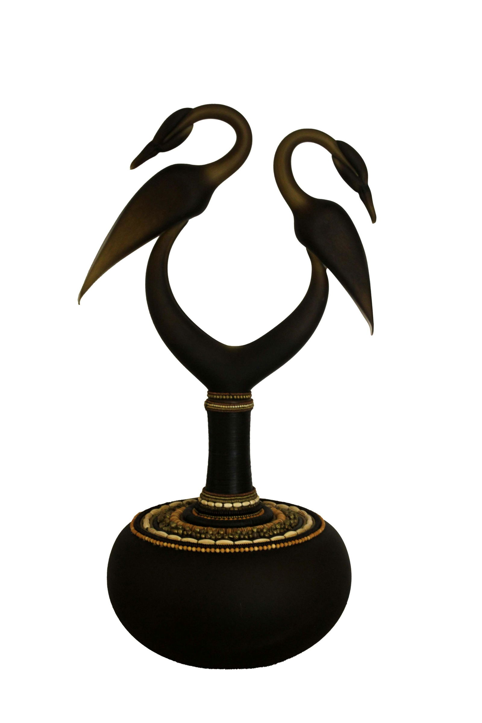 Pohlman Knowles Studio Contemporary Glass Vessel with Bird Design: A sophisticated contemporary glass lidded vessel sculpture by Pohlman Knowles. The lidded portion of the sculpture are a pair of elegant swan or crane-like birds. Along the base is rings of beads, cre