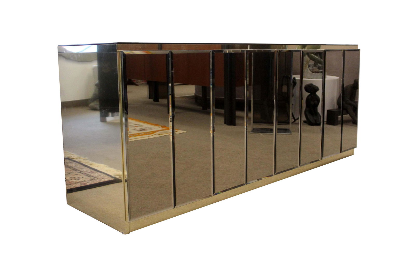 Postmodern Ello Brass Glass Mirrored Credenza Sideboard: Ello is the iconic name in postmodern furniture. This credenza is fully finished with smoke colored mirrors on the front and sides and detailed with a gold toned veneer frame. The front fully opens pr