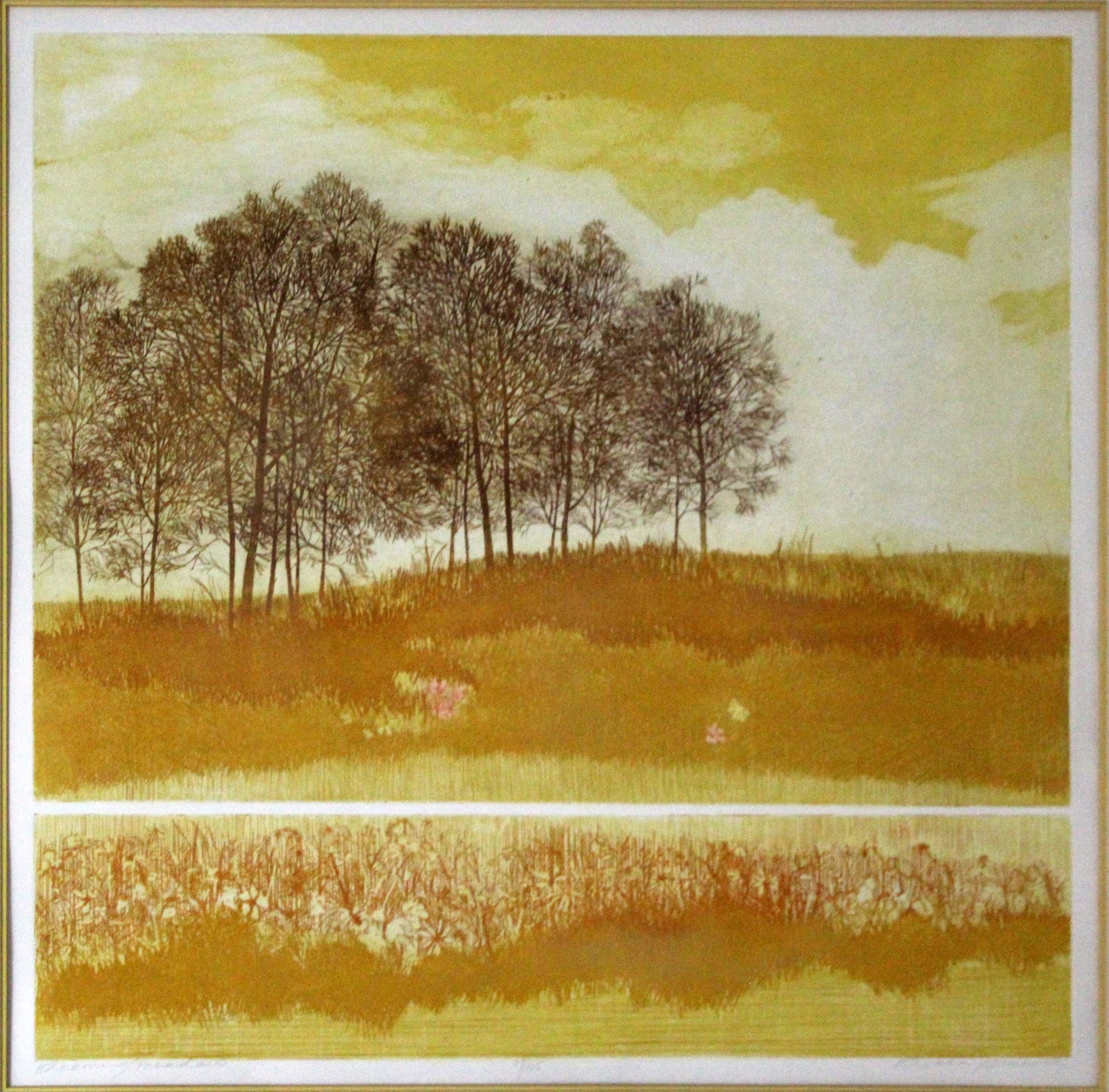 Russa Graeme Blooming Meadow Signed Modern Lithograph 87/125 Framed: A calming and soothing lithograph depicting a landscape scene titled Blooming Meadow by Russa Graeme. Signed in pencil on the bottom right, annotation 87/125 on the mid bottom, and title on the bottom
