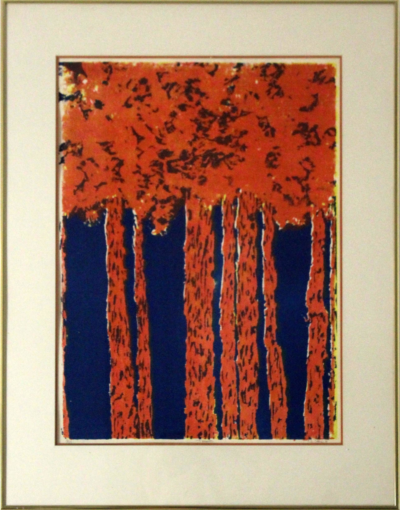 G. Leslie Trees Signed Modern Lithograph 3/10 Framed: A bright and modern lithograph titled Trees by G. Leslie. Signed in pencil on the bottom right, title mid bottom, and annotation 3/10 on the bottom left. Dimensions: 28.75h x 22.25w (framed). In good 