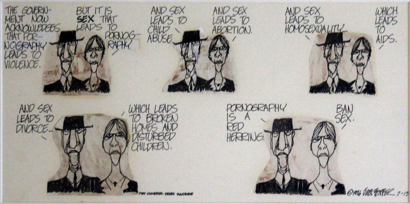 Jules Feiffer Ban Sex Pen on Paper Contemporary Cartoon Drawing Framed 1986 (1 of 12)