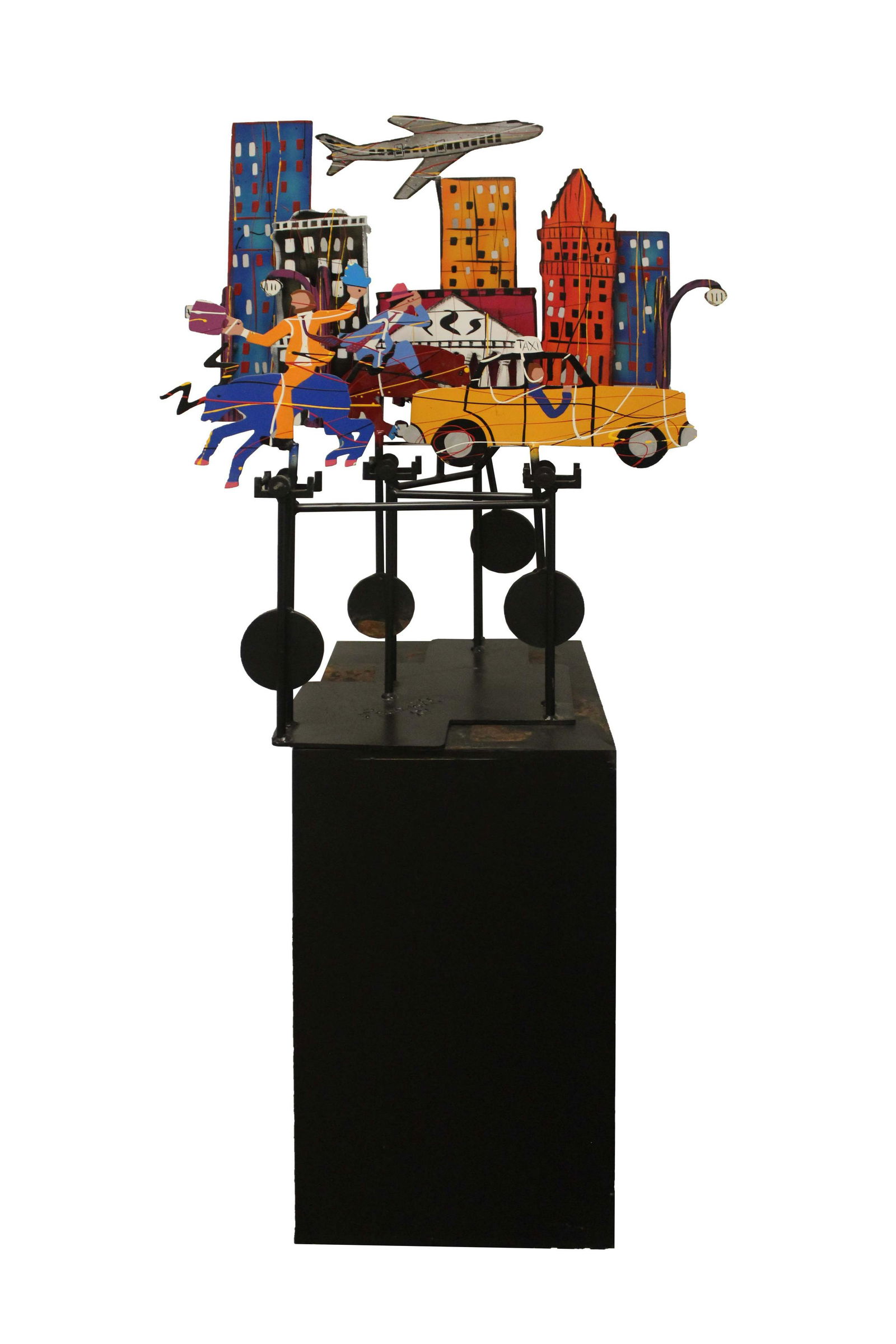 Contemporary Whimsical Fredrick Prescott Kinetic Sculpture Wallstreet 1987: Fredrick Prescott "Wallstreet" Painted Steel Kinetic Sculpture. This whimsical sculpture has 4 kinetic moving parts, a cowboy on a horse, A businessman on a bull, a taxi and an airplane. Life and art