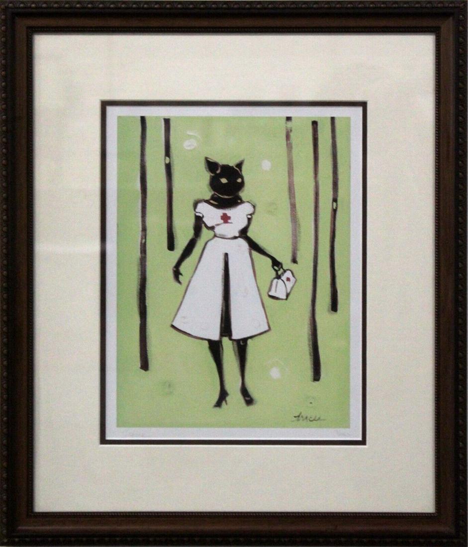 Tracee Mae Miller Who's to Say Cat Nurse Signed Silkscreen 71/250 Framed: An unusual yet sweet silkscreen depicting a cat nurse "Who's to Say?" by Detroit based artist Tracee Mae Miller. Signed on the bottom left with an annotation of 71/250 on the bottom right. Tracee brin