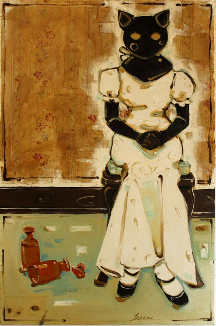 Tracee Mae Miller Little Amber Bottles 2007 Oil Painting with Fabric on Canvas: An unusual yet sweet oil painting with collaged vintage fabric on canvas titled "Little Amber Bottles" 2007 by Detroit based artist Tracee Mae Miller. Signed on the bottom right. Tracee brings us into