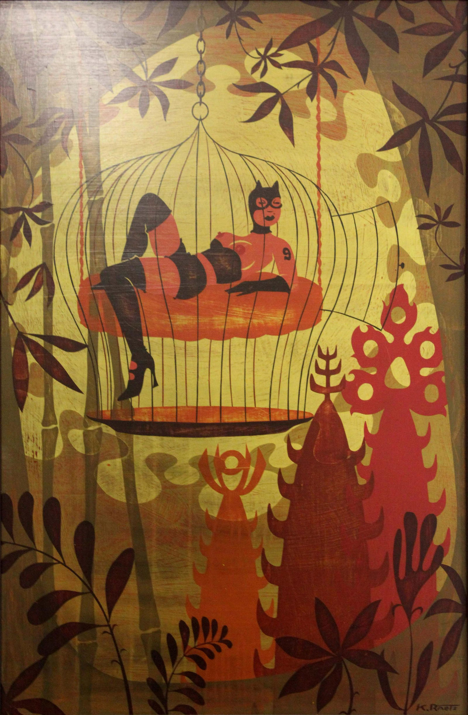 Kyle Raetz Retro Modern Pin Up Catwoman Signed Acrylic Painting on Board Framed: A seductive retro-inspired acrylic painting on canvas depicting a modern pin up catwoman by Kyle Raetz. Signed on the bottom right. The female figure is lounging in a 1960s bird cage surrounded by sil