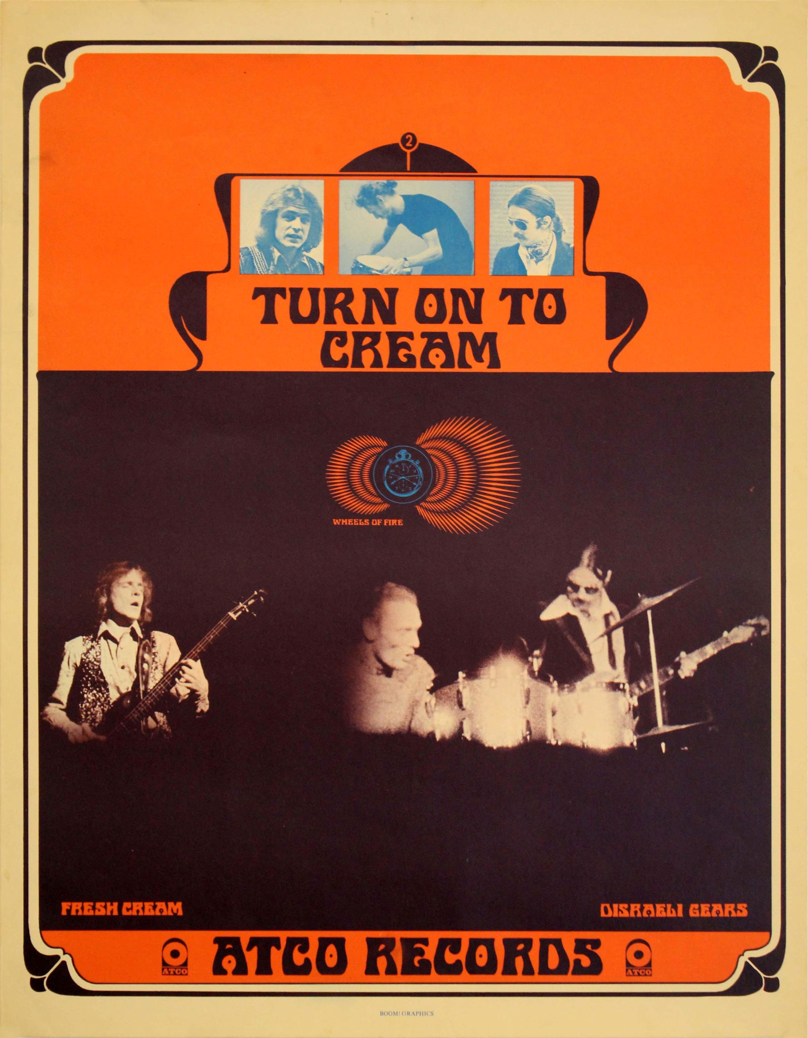 Turn on to Cream Vintage Concert Poster ATCO Records Unframed 1960s: A marvelous collector's item for rock and roll fans - a vintage 1960s concert poster featuring the band Cream. Text reads Turn on to Cream, Wheels of Fire, Fresh Cream, Disraeli Gears, ATCO Records, B