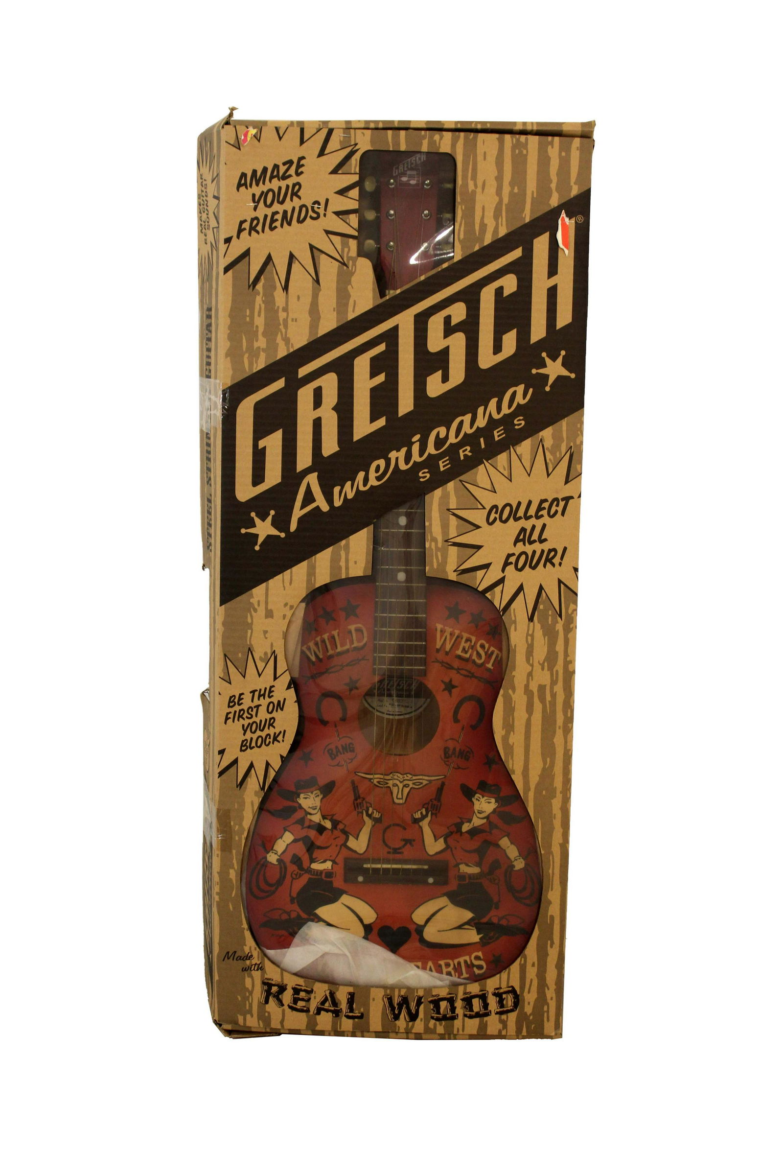 Gretsch Way Out Wild West Red Acoustic Guitar Music Memorabilia: A wonderful rare, limited edition Gretsch Americana Series guitar, the Wild West Sweetheart Model, never played in original box. Kitschy all wood 3/4 guitar made in a series of four. Box has fantastic