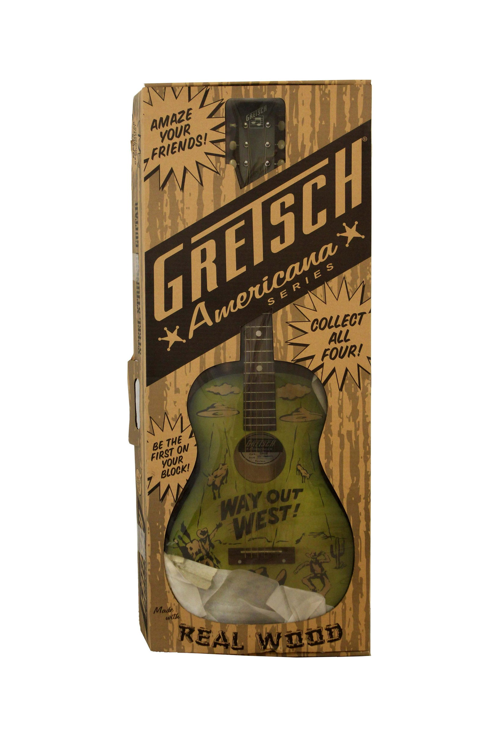 Gretsch Way Out Wild West Green Acoustic Guitar Music Memorabilia: A wonderful rare, limited edition Gretsch Americana Series guitar, the Way Out West, never played in original box. Kitschy all wood 3/4 guitar made in a series of four. Box has fantastic graphics; thi