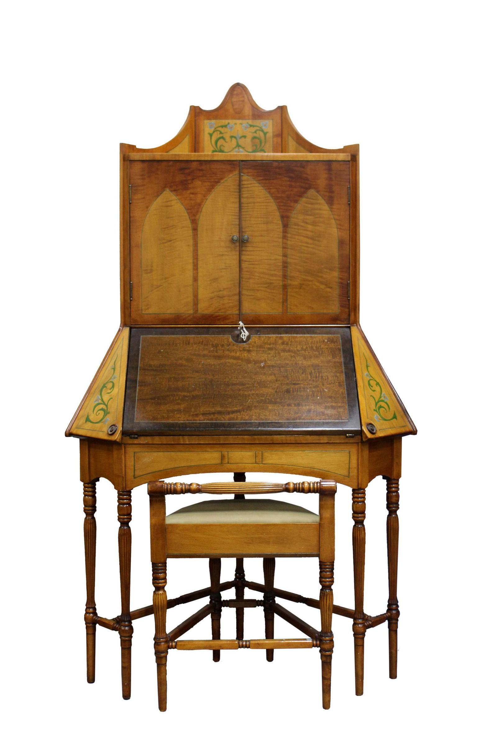 Antique Corner Secretary Desk with Stool Art Nouveau Inlaid Design 1900s: A lovely antique corner secretary desk with stool. Art Nouveau floral inlaid design bringing an element of romance and whimsy. The desk has a cabinet for storage on the top and the lower cabinet drops