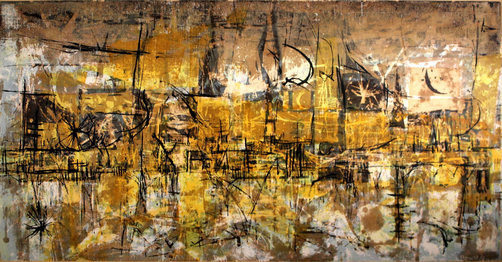 Dorothy Bowman Illuminated Pier I 1956 Signed Screenprint Ed. 65 Framed: A bold abstract screenprint on paper titled "Illuminated Pier I" by Dorothy Bowman. Hand signed in pencil on the bottom right with an inscription "Ed. 65" on the bottom left. Printed in 1956. A graphi