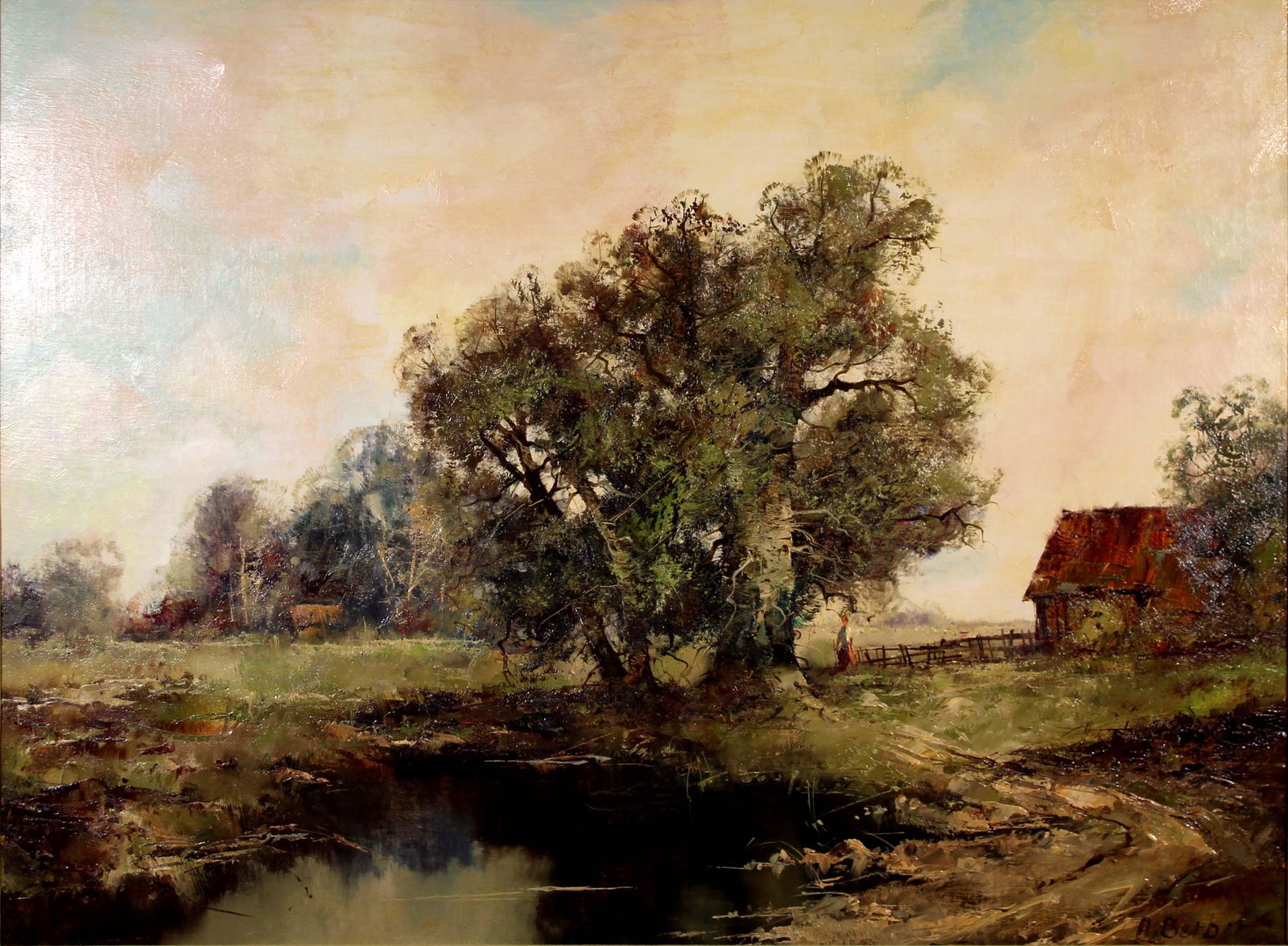 Berber Landscape Signed Antique Oil Painting on Canvas Framed: A tranquil oil painting on canvas depicting a country landscape by Berber. Signed on the bottom right. Original gallery tag and stamp from WT Burger Galleries on the verso. A lovely edition for a trad