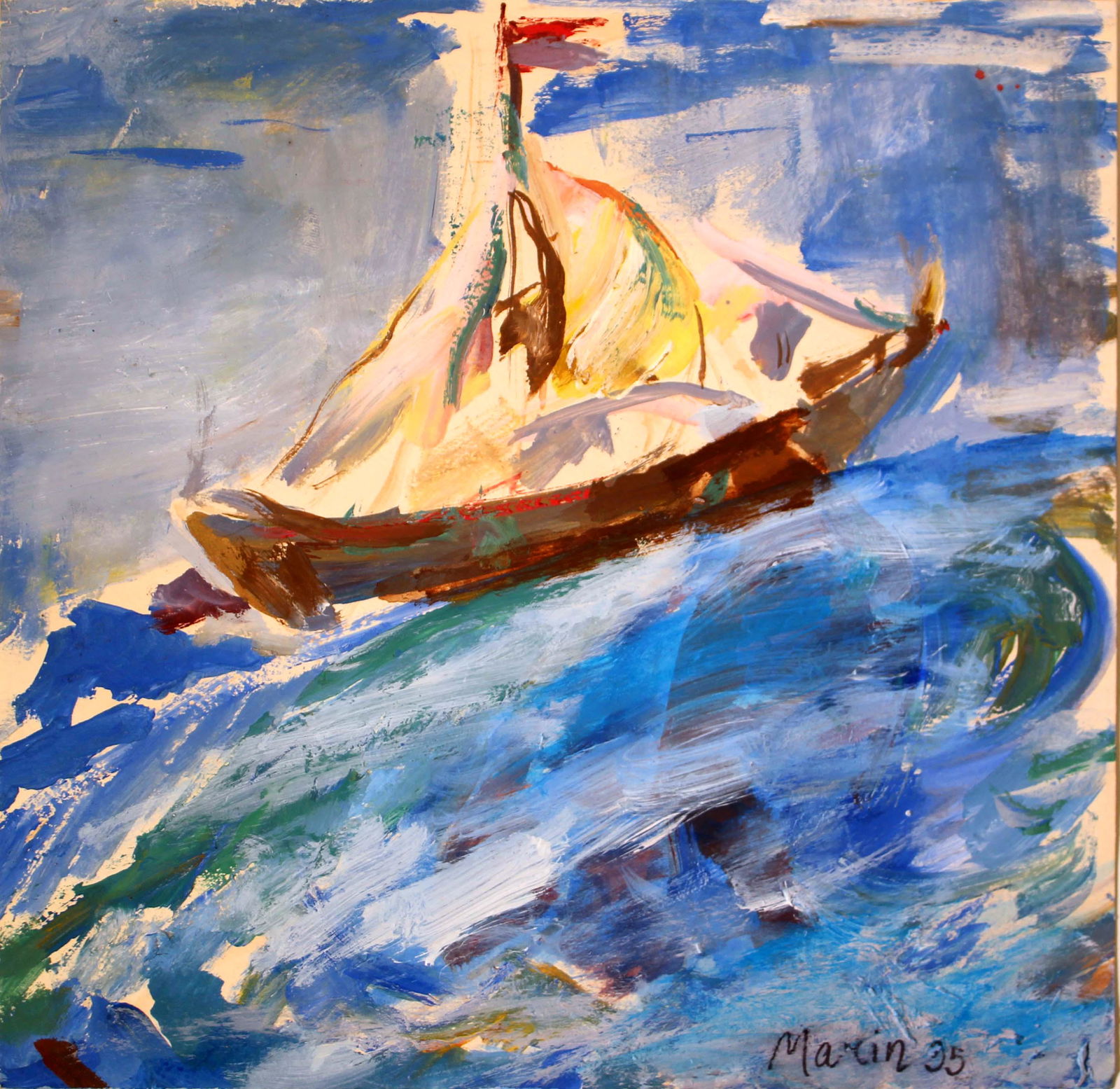 John Marin Signed Watercolor Painting on Paper Sailboat at Sea Unframed 1935 (1 of 11)