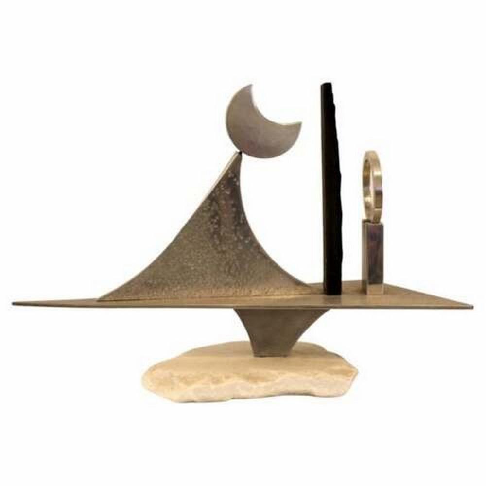 James Nani Signed Sun & Moon Divided 98 Modern Marble & Metal Celestial Sculpture 1970s (1 of 9)