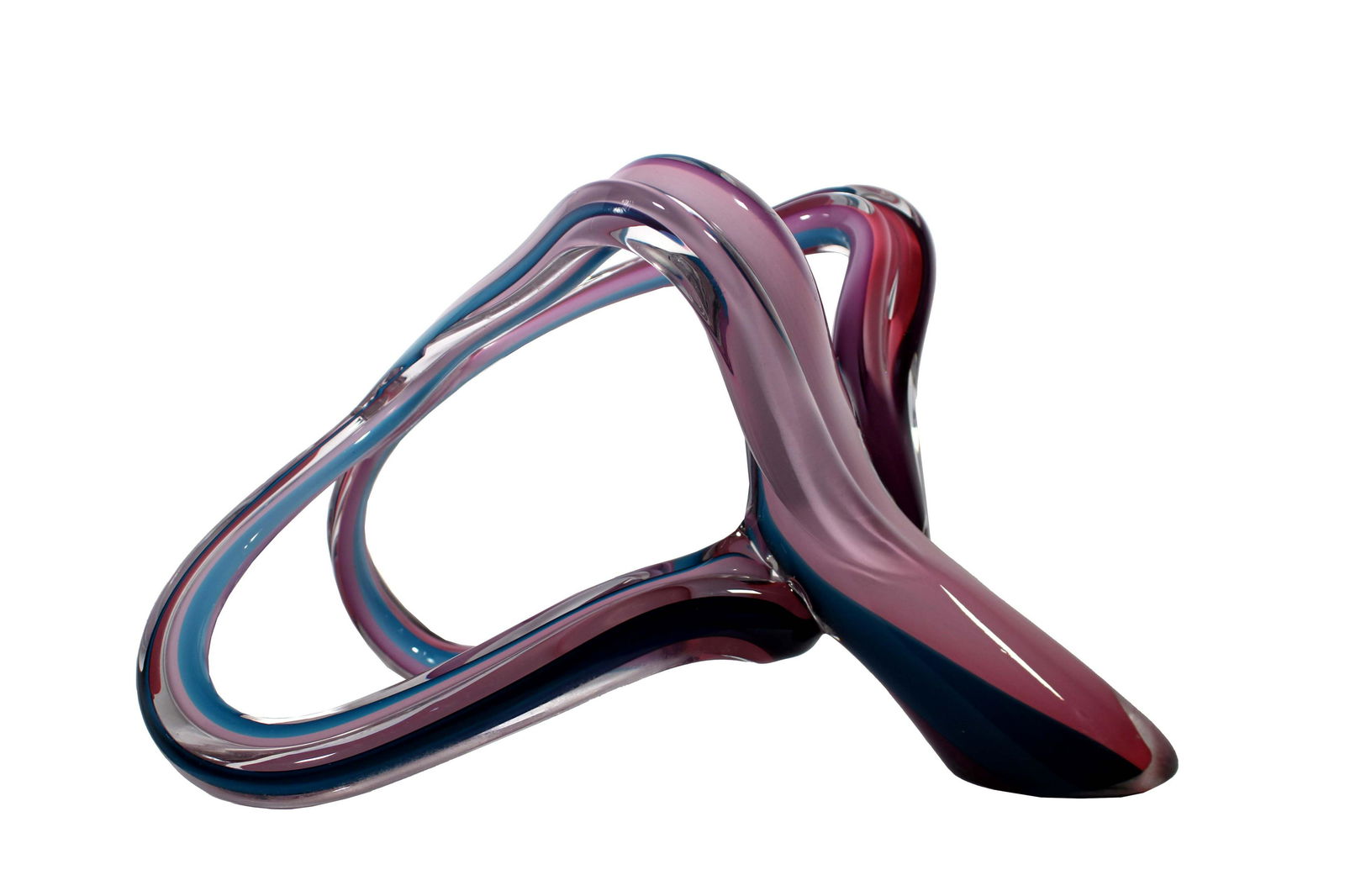 Barry Entner Signed 1991 Contemporary Ribbon Design Glass Sculpture: An innovative and vibrant contemporary glass sculpture in a curving ribbon design by American artist Barry Entner. Signed and dated 1991. The artist is known for art glass with shapes described as "ot