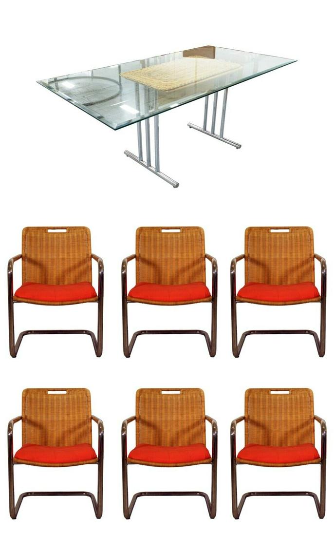 Chromcraft Mid Century Modern Chrome Dining Table & 6 Wicker Cantilever Chairs 1970s: This set of 6 cantilever chrome and wicker chairs and glass and chrome table by Chromcraft up for consideration. This eclectic combo pairs perfectly with each other with the chrome and the pop of colo