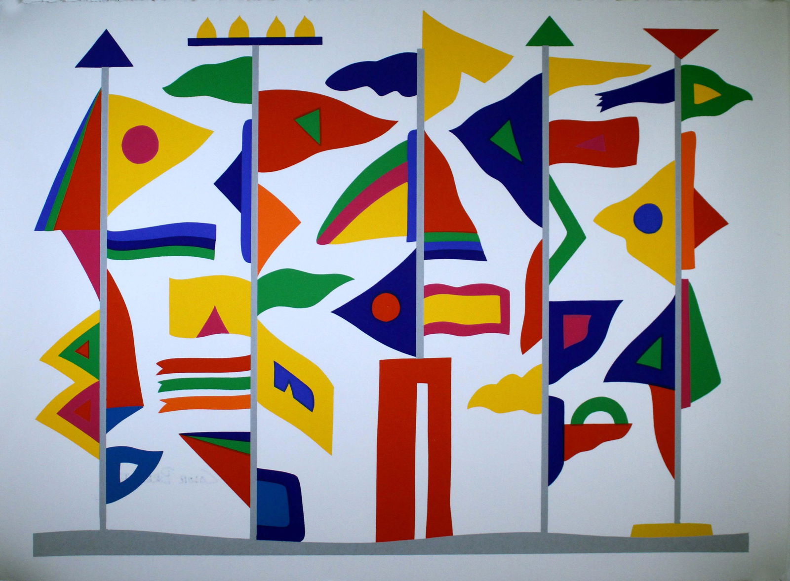 Daniel Gelakoska Color Breeze Contemporary Serigraph with Embossed Artist Seal Unframed: A festive and bright serigraph titled "Color Breeze" by Serbian American artist Daniel Gelakoska. Artist embossed seal "Daniel Gelakoska Printworks" via the bottom of the print. Nautical flags are rei