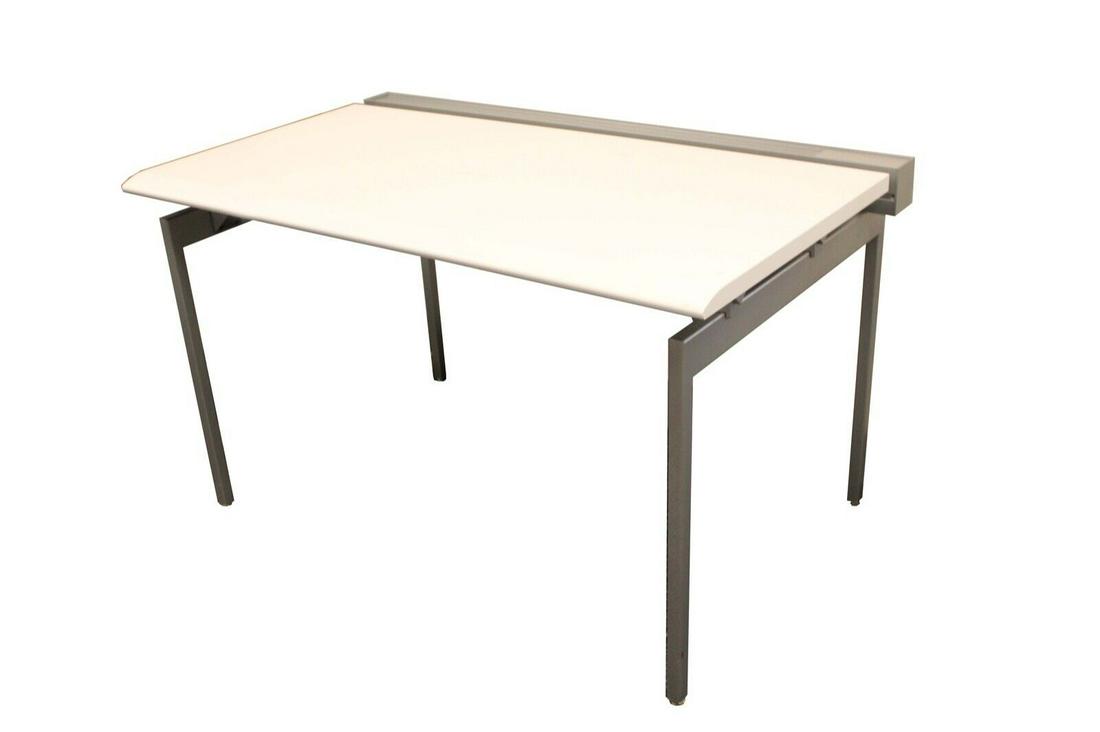 Contemporary Modern Knoll Touchdown 48" White Desk or Desk Table: A gorgeous white touchdown 48" desk up for consideration by Knoll. Perfect sized desk for a small office area! Clean look and feel to the desk! In varying conditions based on age and use. Dimensions: