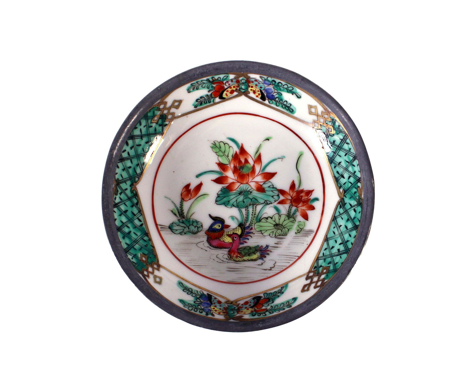 Antique Japanese Porcelain Ware Bowl Decorated in Hong Kong Encased in Pewter (1 of 11)