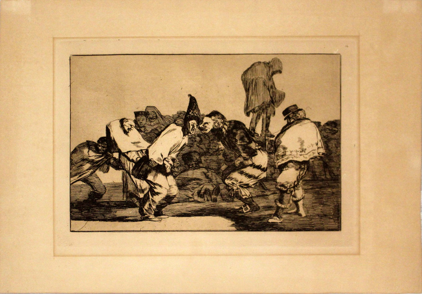 Francisco Goya Carnival Folly Posthumous 1st Edition 1864 Etching: A historical posthumous 1st edition aquatint etching titled Carnival Folly from the Dispartes (Follies / Irrantionalities) ca. 1815-19. Alternate title is Disparate de Carnabal. Published by the Acade