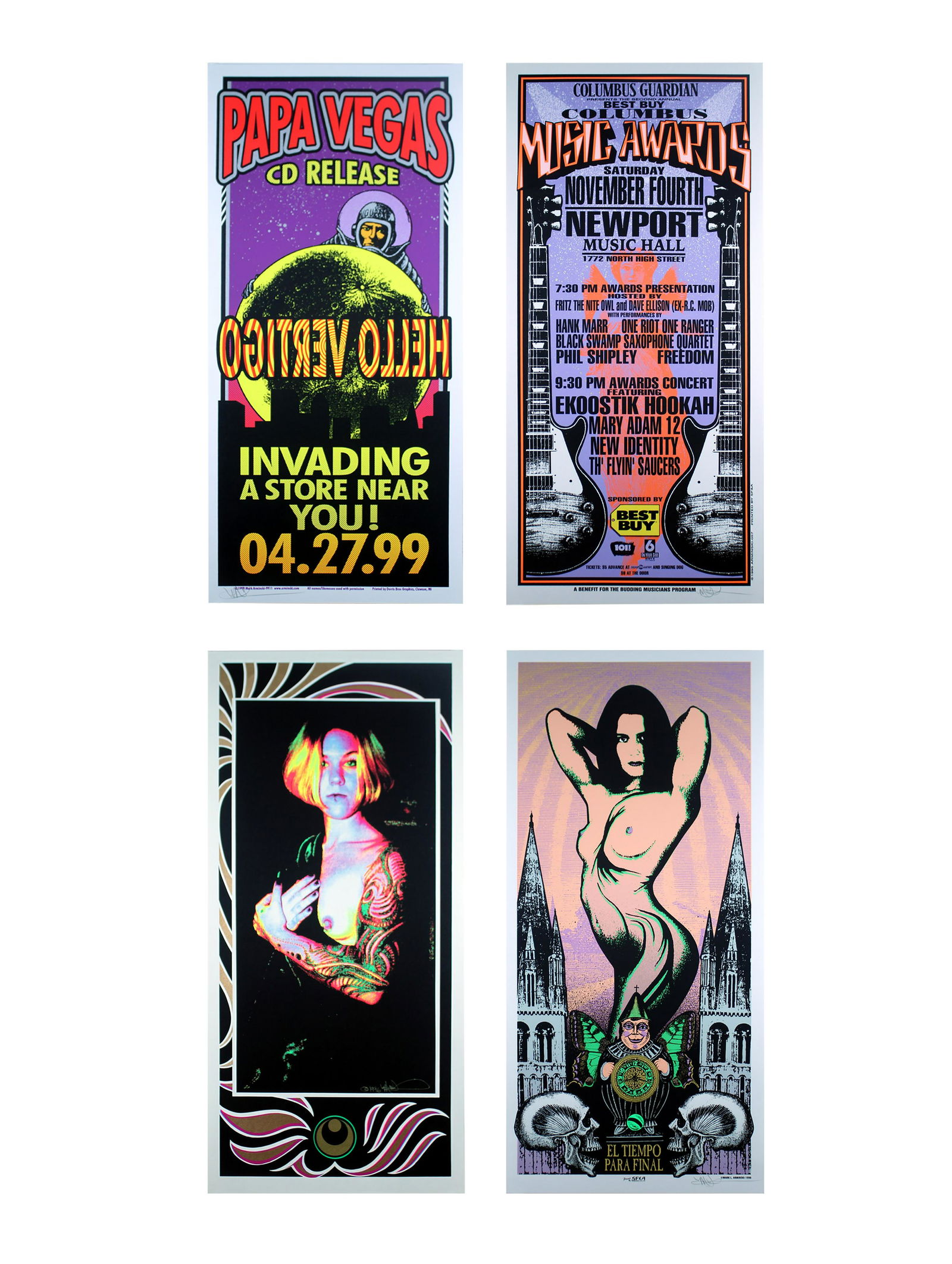 Mark Arminski Signed Papa Vegas CD Release Silkscreen 1990s Vintage Rock Posters Unframed: A rare collector's item for rock music fans - a group of 4 silkscreen prints by American rock concert poster artist Mark Arminksi. These are silkscreen prints by hand, not printed by a machine, and ar