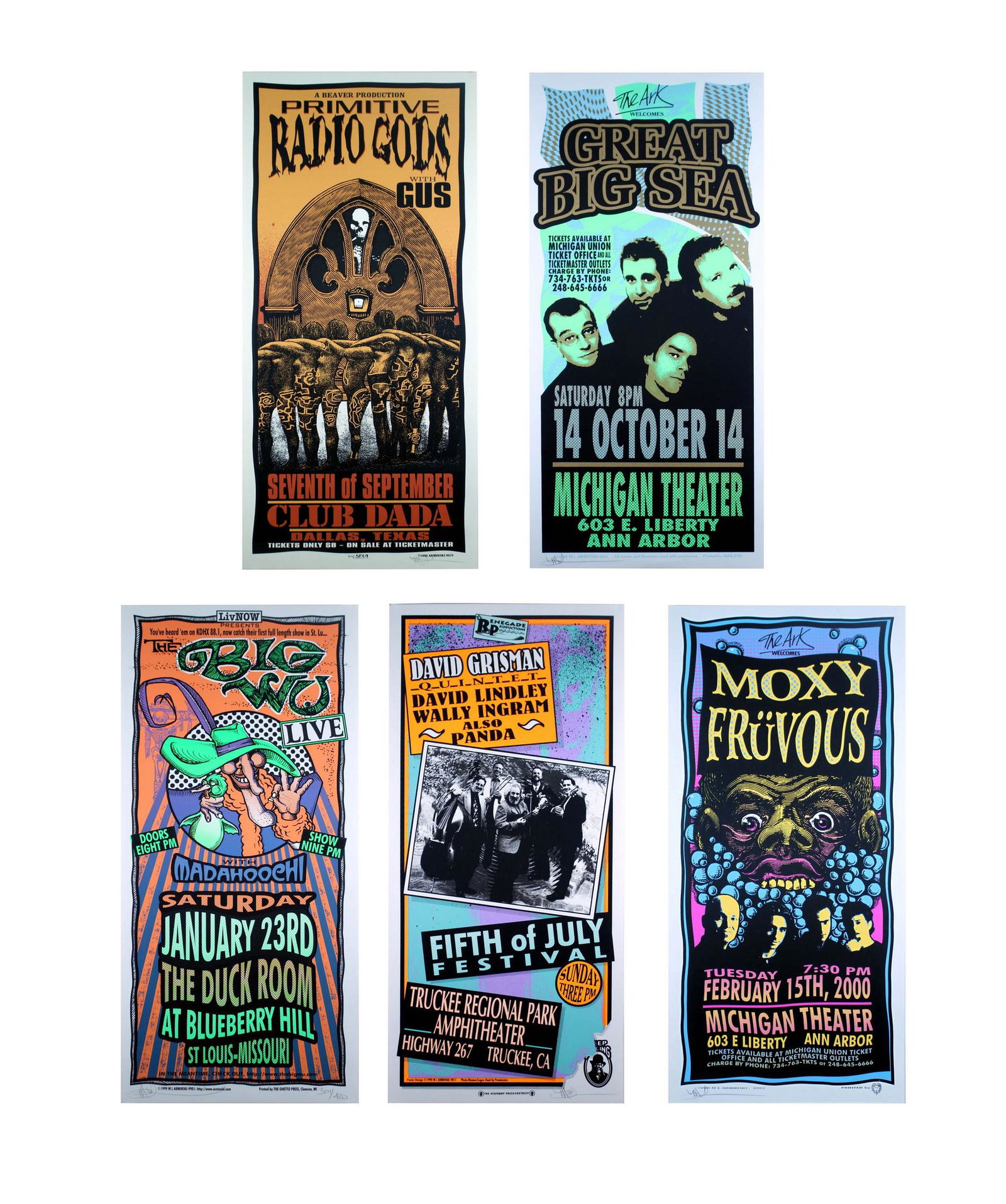 Mark Arminski Signed Primitive Radio Gods & Others Silkscreen 1990s Vintage Rock Posters Unframed: A rare collector's item for rock music fans - a group of 5 silkscreen prints by American rock concert poster artist Mark Arminksi. These are silkscreen prints by hand, not printed by a machine, and ar