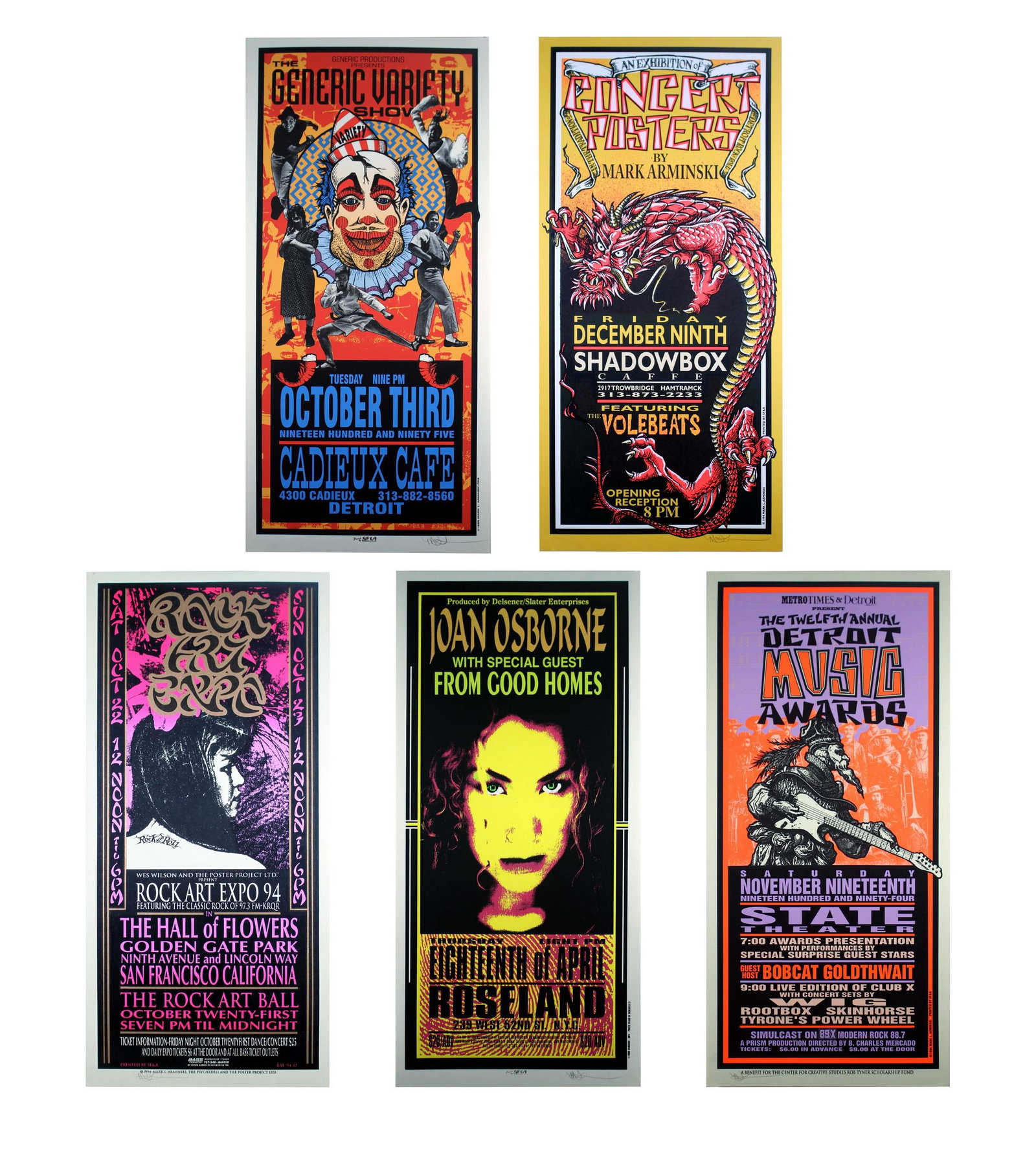 Mark Arminski Signed Generic Variety Show Silkscreen 1990s Vintage Rock Posters Unframed: A rare collector's item for rock music fans - a group of 5 silkscreen prints by American rock concert poster artist Mark Arminksi. These are silkscreen prints by hand, not printed by a machine, and ar