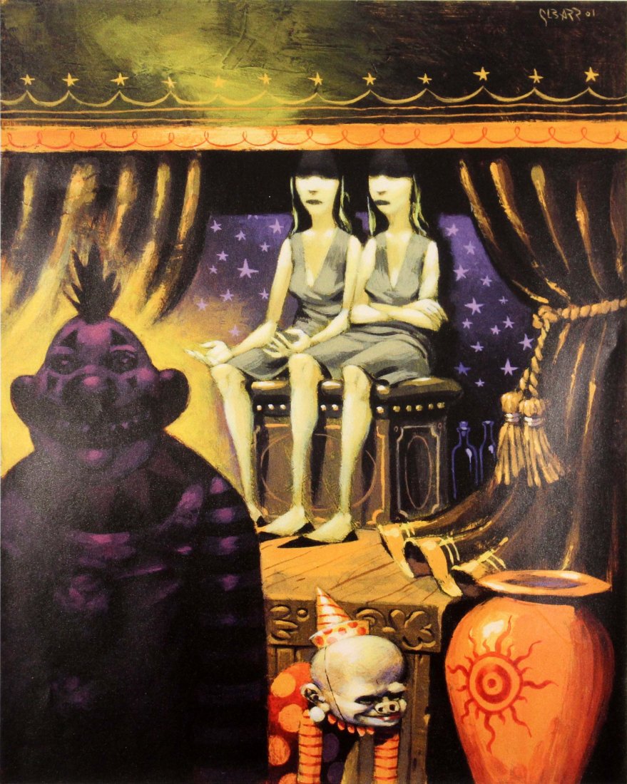 Glenn Barr Twins Pop Surrealism Signed Lithograph 13/13 Unframed: A surreal limited edition lithograph by celebrated Detroit artist Glenn Barr. Signed on the bottom right with an annotation of 13/13 on the bottom left. This circus scene shows the viewers a world of 