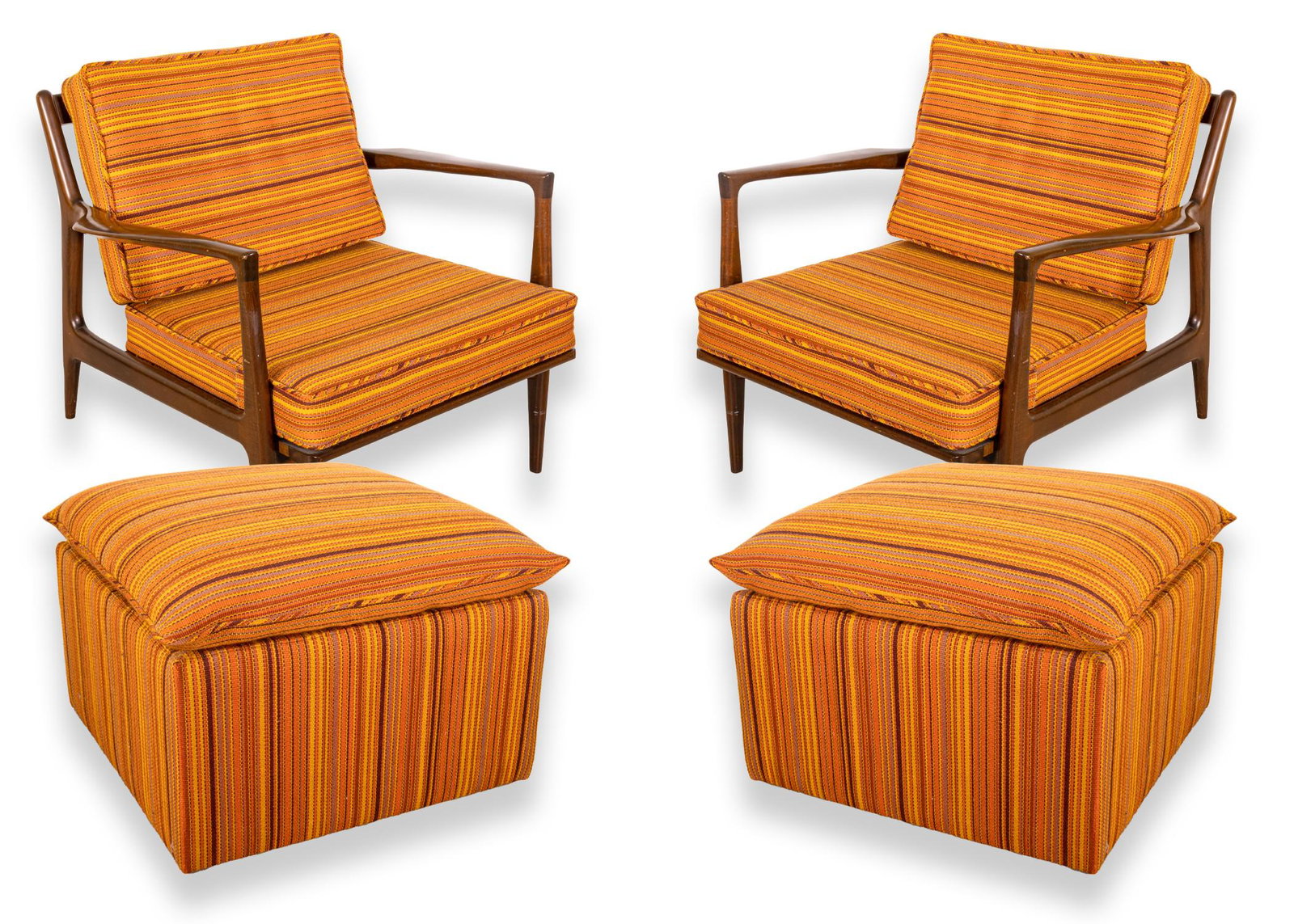 Pair of Kofod Larsen for Selig Walnut Blade Armchairs with Ottomans Orange Striped Fabric 1950s (1 of 14)