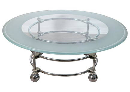 Jay Spectre Chrome And Glass Contemporary Modern Coffee Table For Century: A Jay Spectre chrome and glass coffee table for Century. This is a marvelous post-modern coffee table. This piece features a wonderful circular glass tabletop with a blue smoked glass border. The base