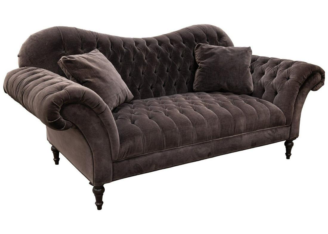 Hollywood Regency Style Tufted Grey Velvet Sofa (1 of 8)