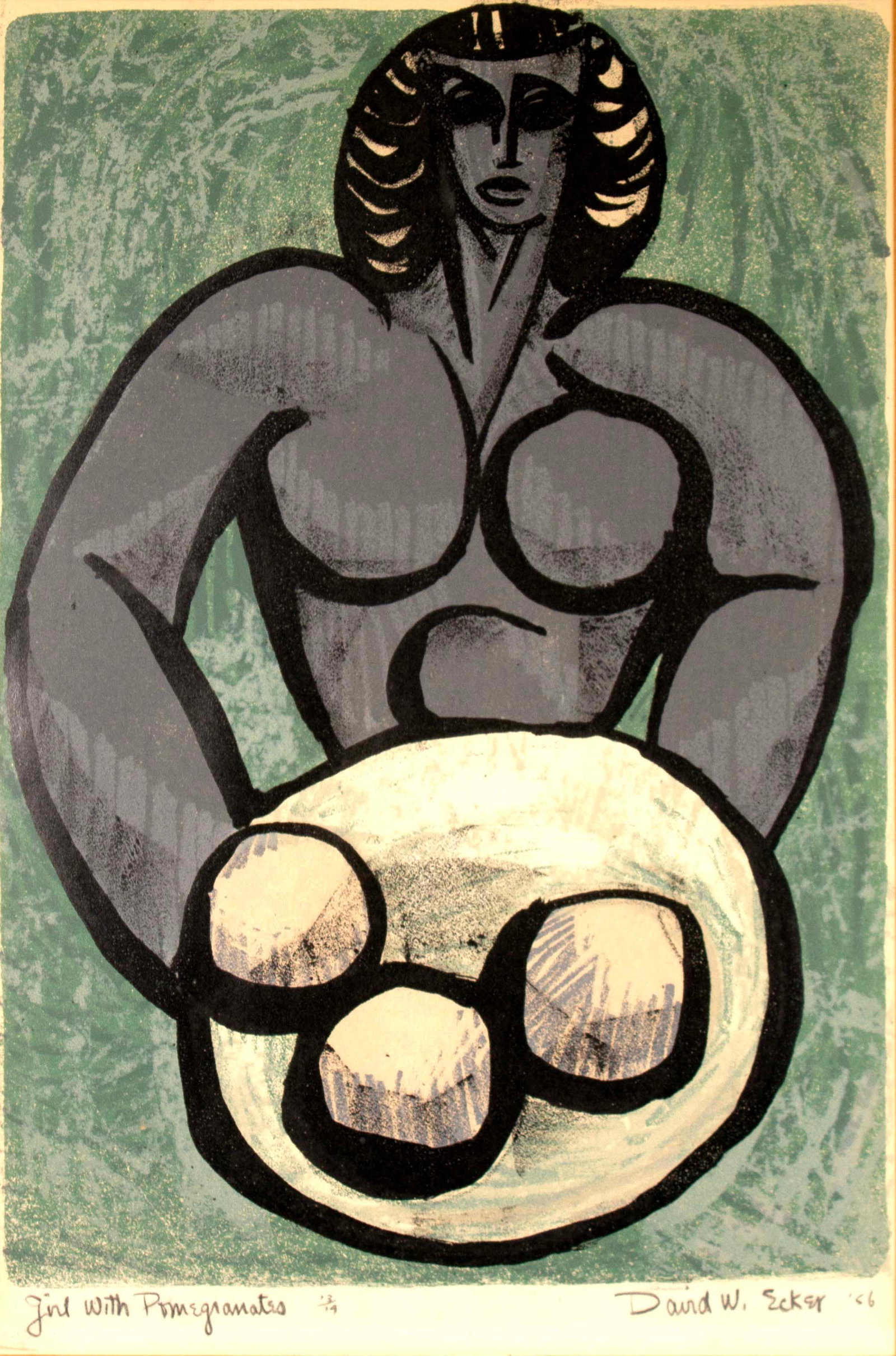 David W Ecker Girl with Pomegranates Signed Modern Lithograph on Paper 13/14 Framed 1956 (1 of 10)