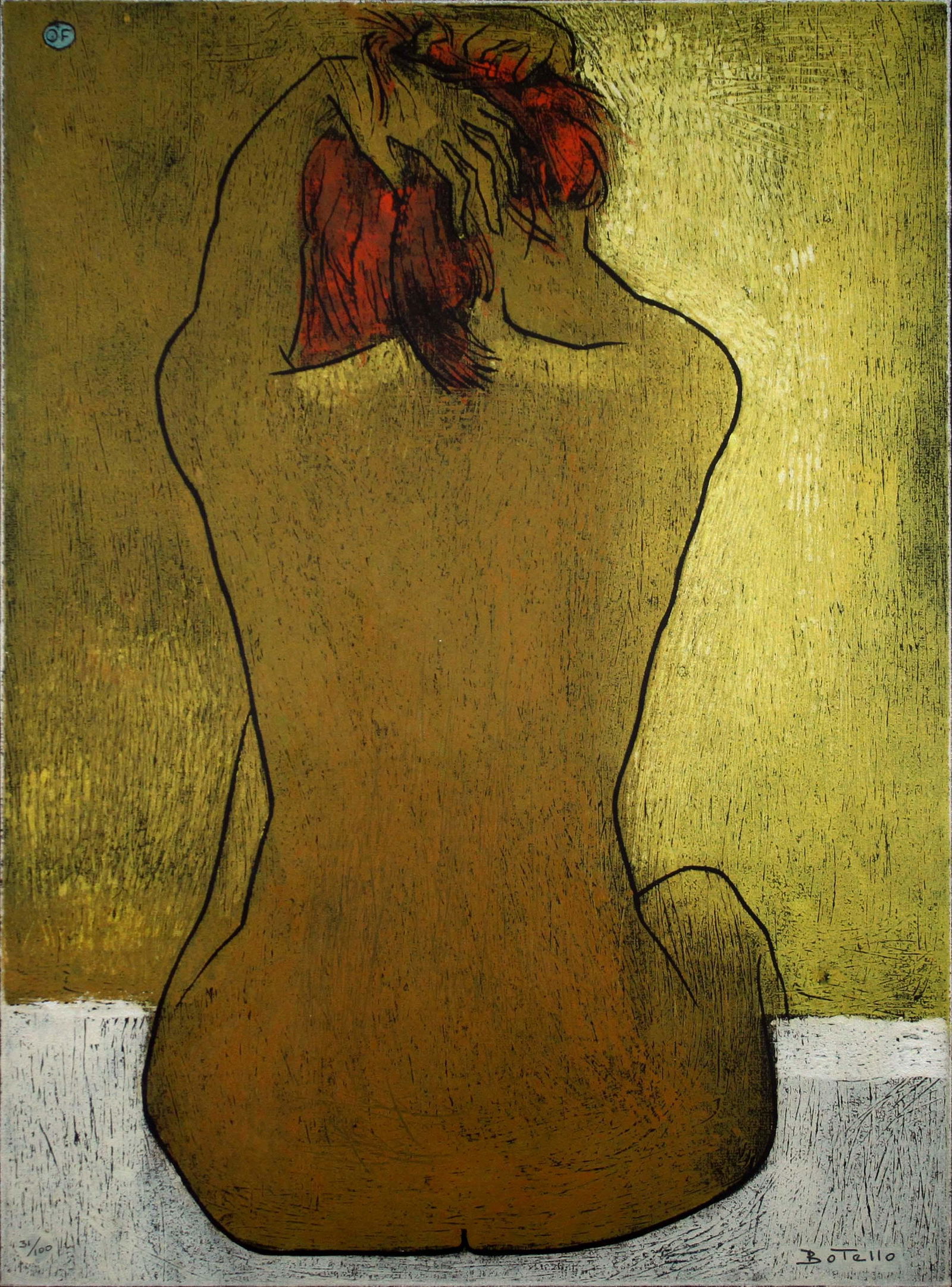 Angel Botello Seated Nude Signed Linocut Modern Art Nouveau Style 31/100 Framed: A romantic linocut on paper titled "Seated Nude" by Spanish artist Angel Botello. Signed on the bottom right with an annotation of 31/100 on the bottom left. The female nude subject is reminiscent to