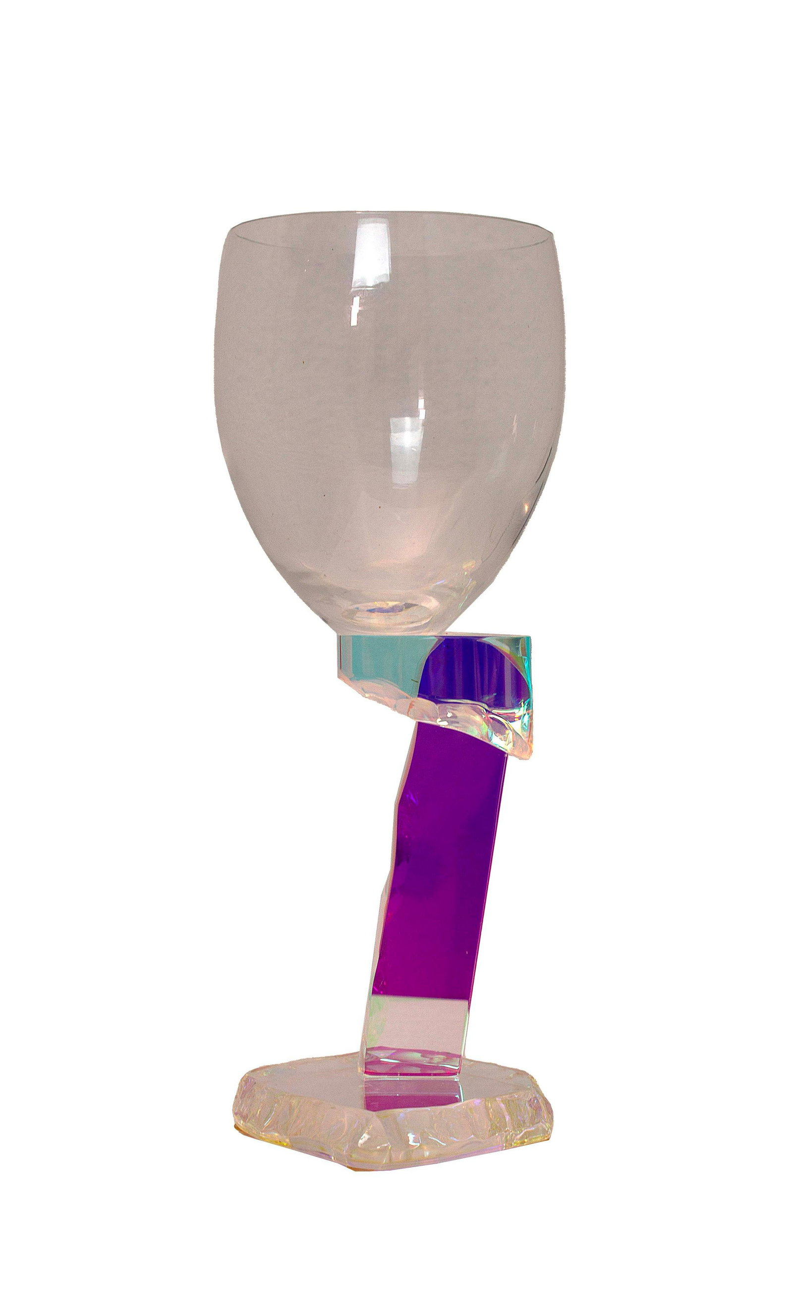 Steven Maslach Signed Postmodern Memphis Studio Art Wine Goblet Iridescent Abstract Stem 1990: An artful Postmodern Memphis style studio art wine goblet with an iridescent abstract stem by Steven Maslach. Signed on bottom and dated 1990. Per the artist "Glass invites you to look deeper, beyond 