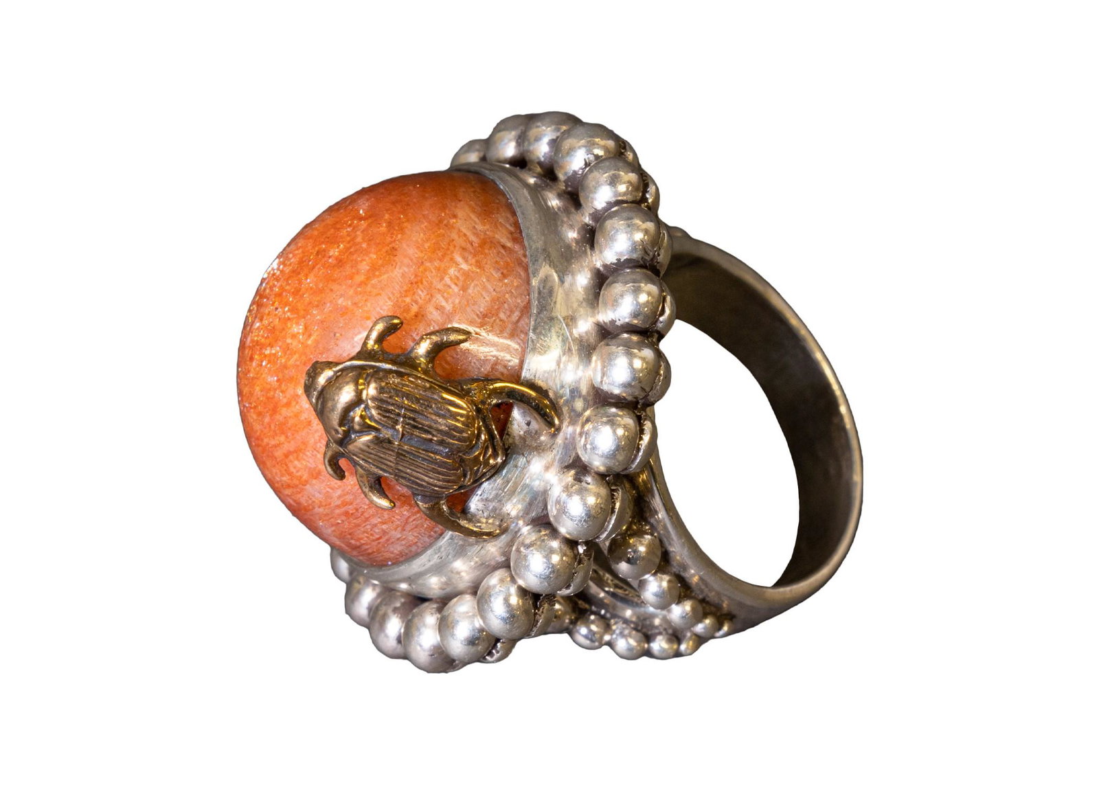 Stephen Dweck Sterling Ring with Orange Sunstone Inlay and Beetle Fine Jewelry Design (1 of 7)