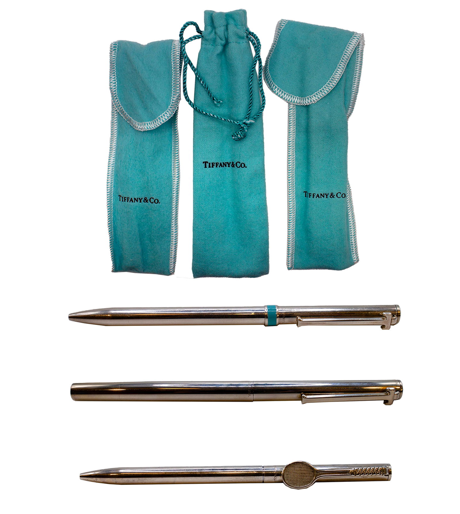 Set of 3 Vintage Tiffany Sterling Silver Ballpoint Pens Tennis Racket Design Original Felt Bags (1 of 18)