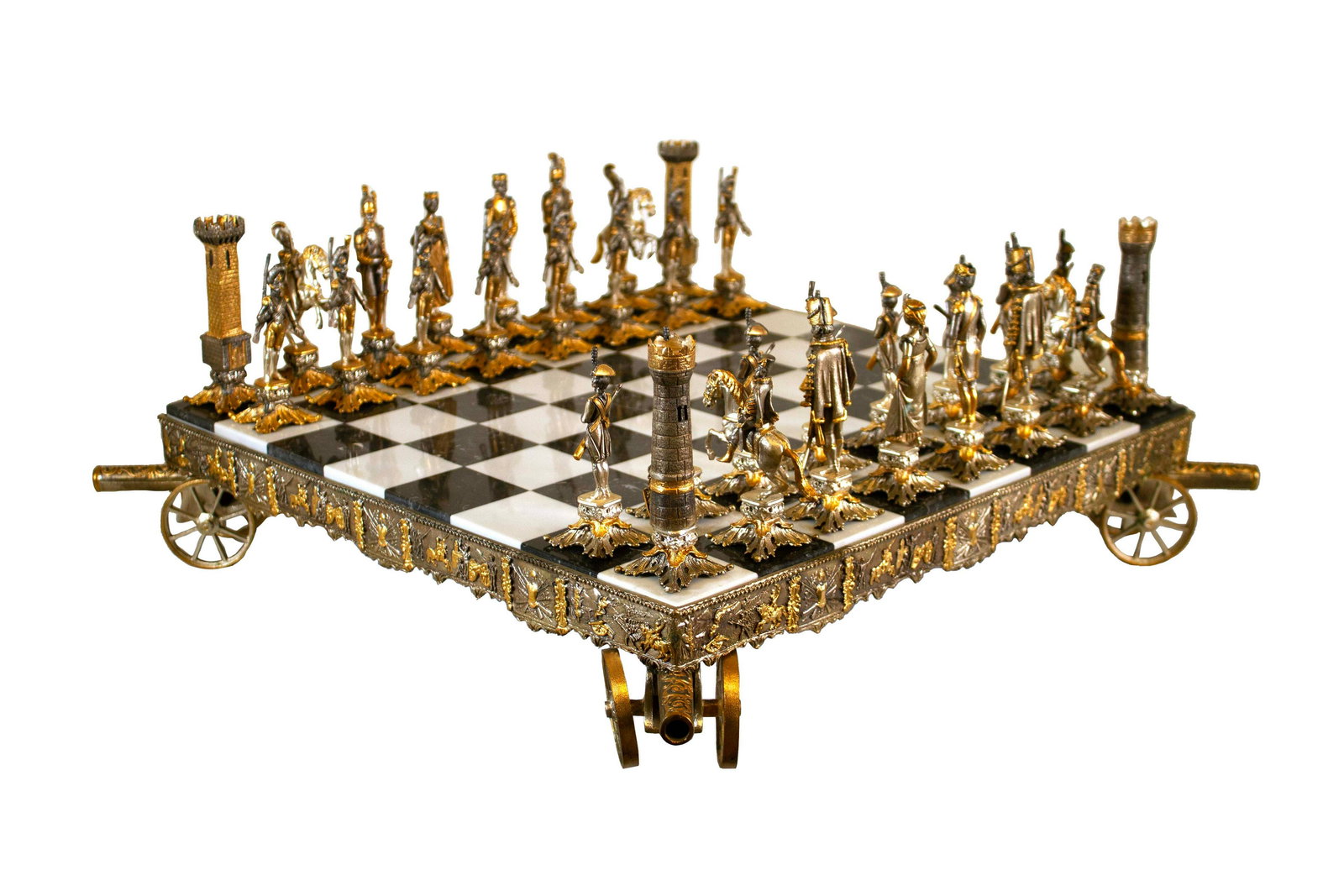 Giuseppe Vasari Napoleonic Chess Set and Board Italian Silver & Gilt Metal Alloy 1970 (1 of 20)