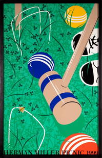 Herman Miller Picnic 1999 Croquet Vintage Poster Designer Kathy Stanton Framed: A bright and graphic vintage Herman Miller Picnic 1999 poster titled "Croquet" designed by Kathy Stanton. Each year a poster was designed to commemorate the Herman Miller employee picnic. The first po