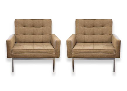 Pair of Florence Knoll Tufted Mid Century Modern Armchairs on Chrome Base: A pair of mid century modern Florence Knoll tufted armchairs. A fabulous set of armchairs from Florence Knoll featuring her iconic tufted design, chrome frame legs, and a rectangular silhouette. This